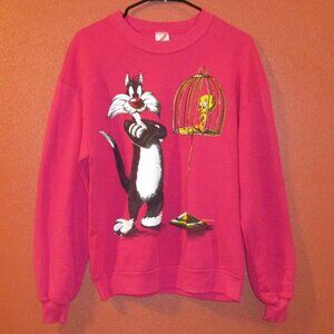 Looney Tunes Tweety Sylvester Cat Vintage 93 Woman Large Pink Black Sweatshirt